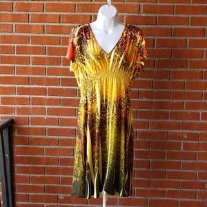 One World Boho Yellow Paisley Print V-Neck Dress
